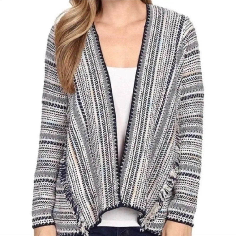Lucky Brand Open Front  Fringe Tribal Eclectic Long Sleeve Cardigan Blue White
